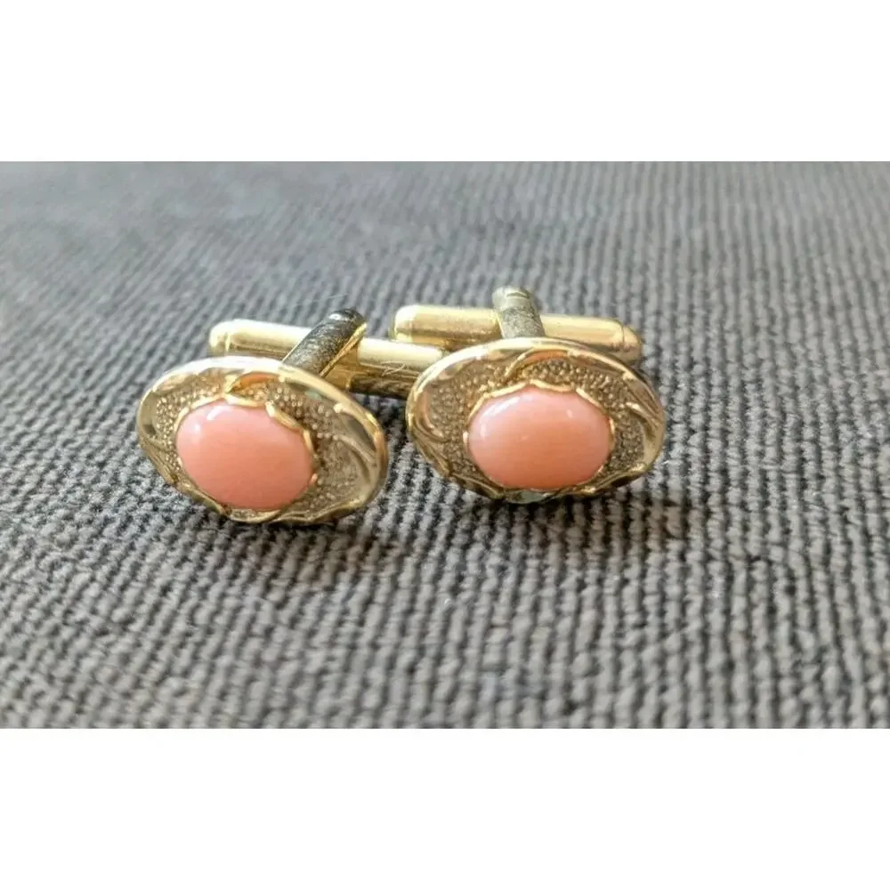 Cuff links & Tie Tack Bar Natural Pink Coral 4 PC set Gift Box Gold Tone Hawaii